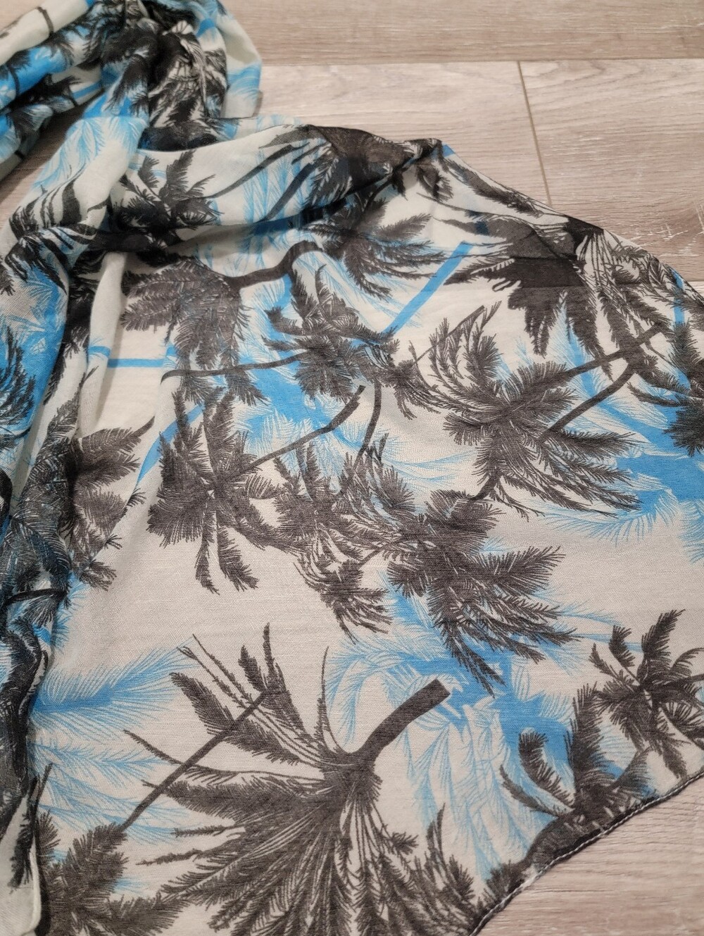 Lightweight Blue and Black Palm-Print Scarf - Women's Accessory